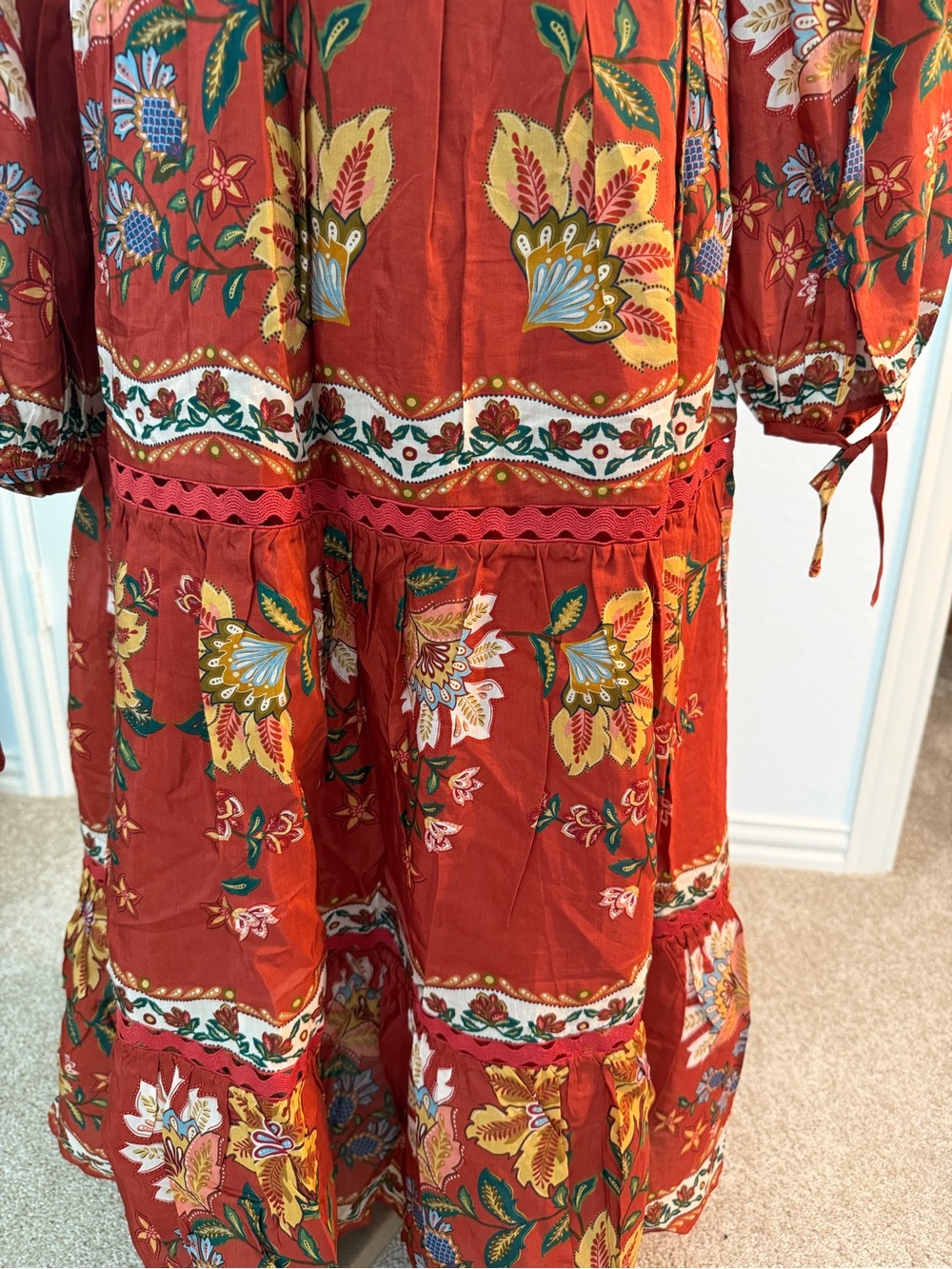 FARM Rio Rust Red Floral Embroidered Tiered Maxi Dress - Picture 8 of 9